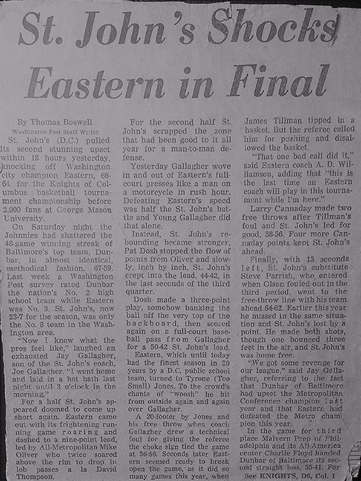 Black and white picture of a newspaper article for St. John's vs. Eastern in 1974